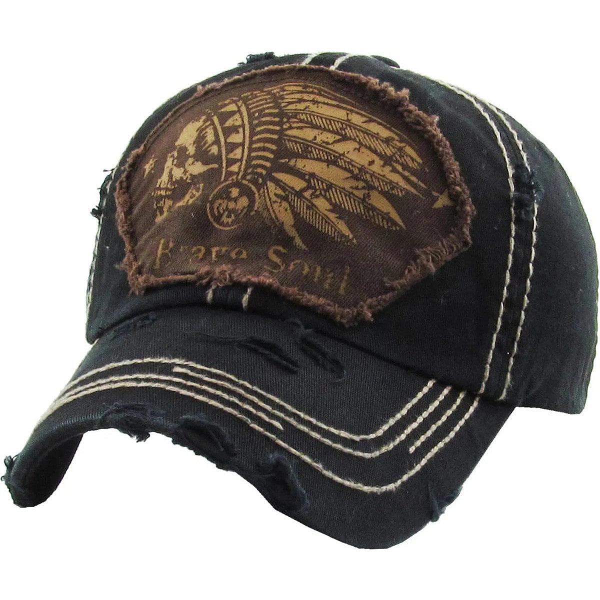 Native American Brave Soul Skull Vintage Distressed Cap Black Hat