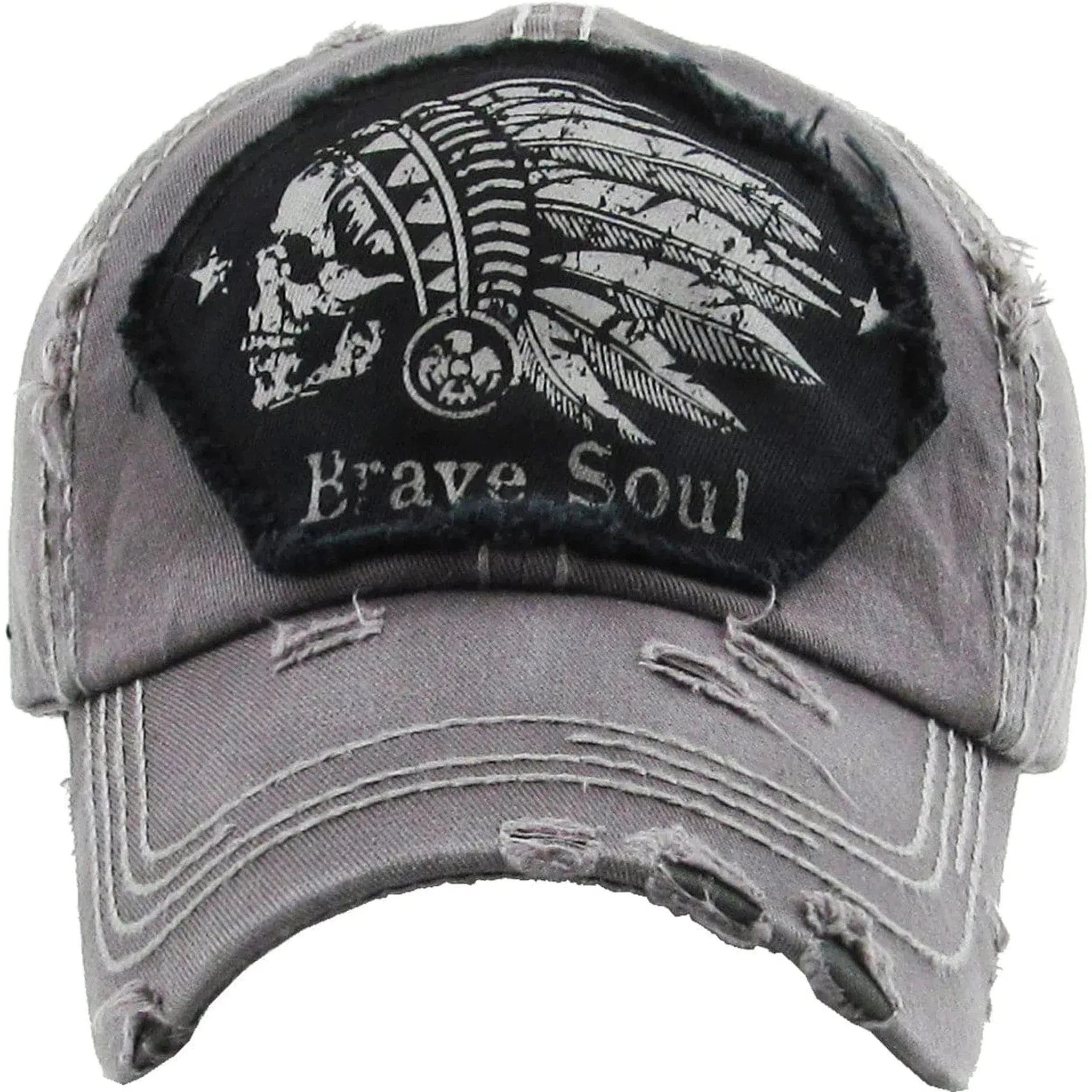 Native American Brave Soul Skull Vintage Distressed Cap Gray Hat