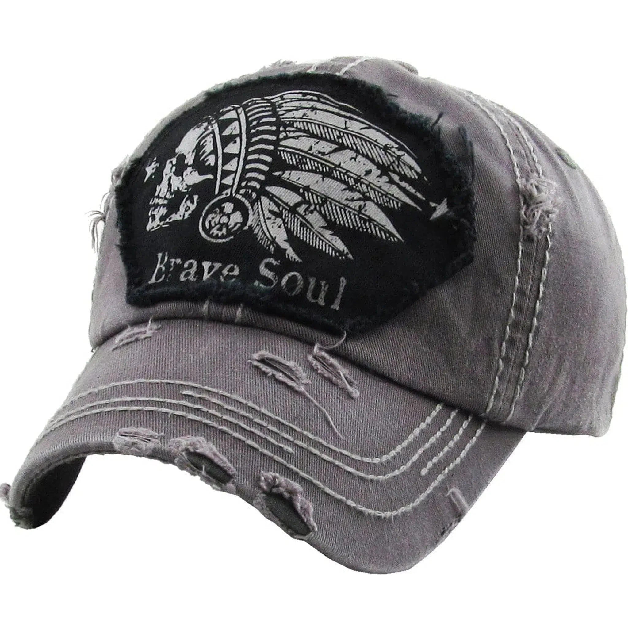 Native American Brave Soul Skull Vintage Distressed Cap Gray Hat