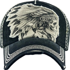 Native American Indian Chief Skull Vintage Distressed Black Cap Dad Hat