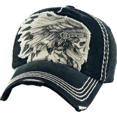 Native American Indian Chief Skull Vintage Distressed Black Cap Dad Hat