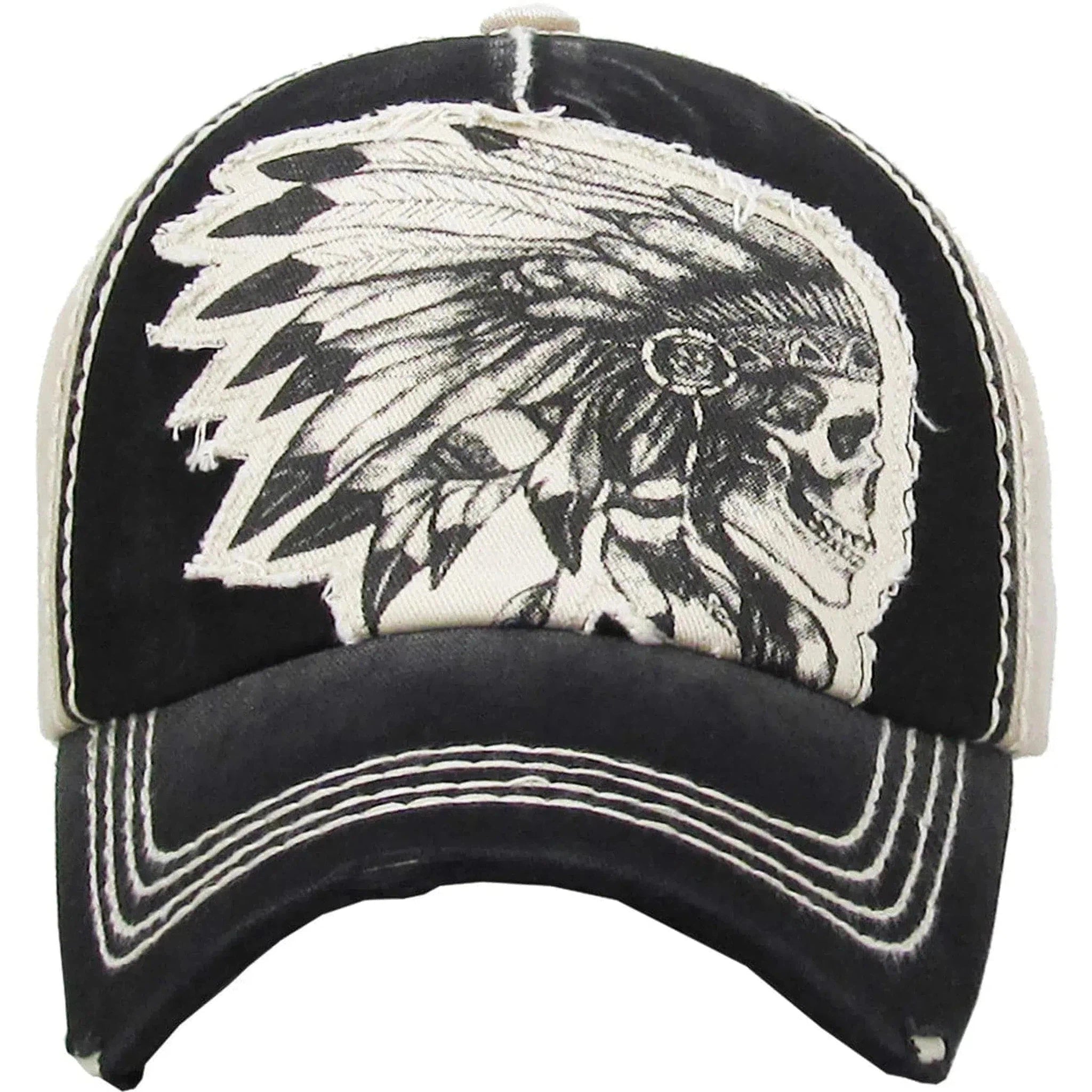 Native American Indian Chief Skull Vintage Distressed Black & Khaki Hat