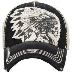 Native American Indian Chief Skull Vintage Distressed Black & Khaki Hat
