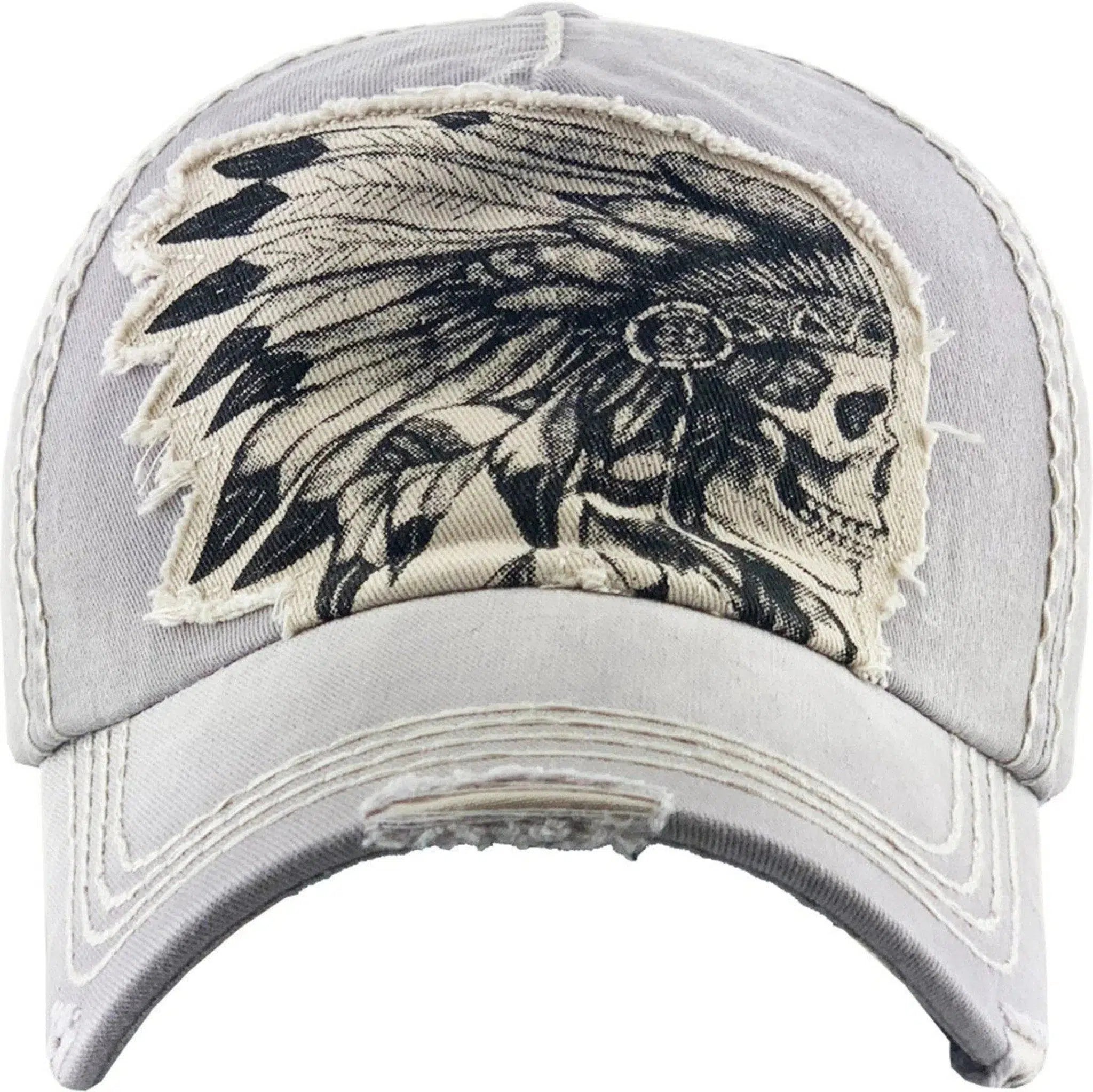 Native American Indian Chief Skull Vintage Distressed Gray Cap Dad Hat