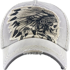 Native American Indian Chief Skull Vintage Distressed Gray Cap Dad Hat