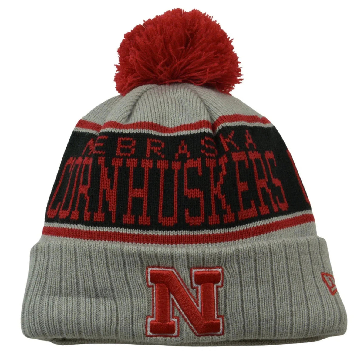 Nebraska Cornhuskers NCAA Striped Pom Pom Winter Knit Hat beanie by New Era