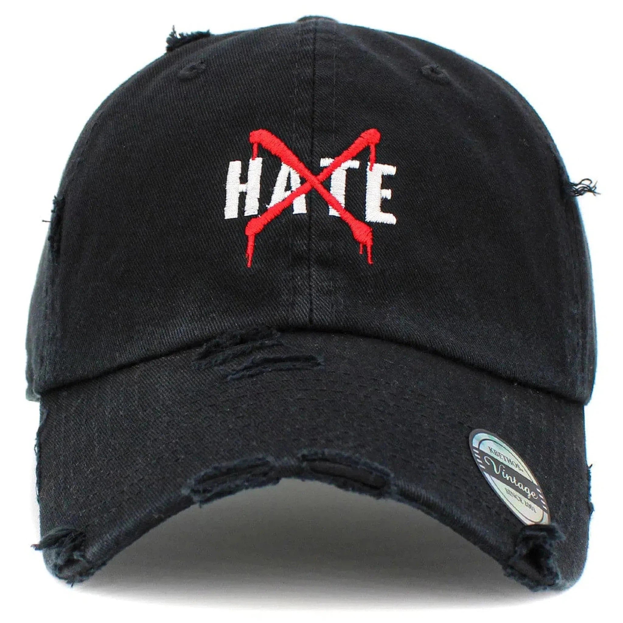 No Hate Vintage Adjustable Black Distressed Hat by KB Ethos