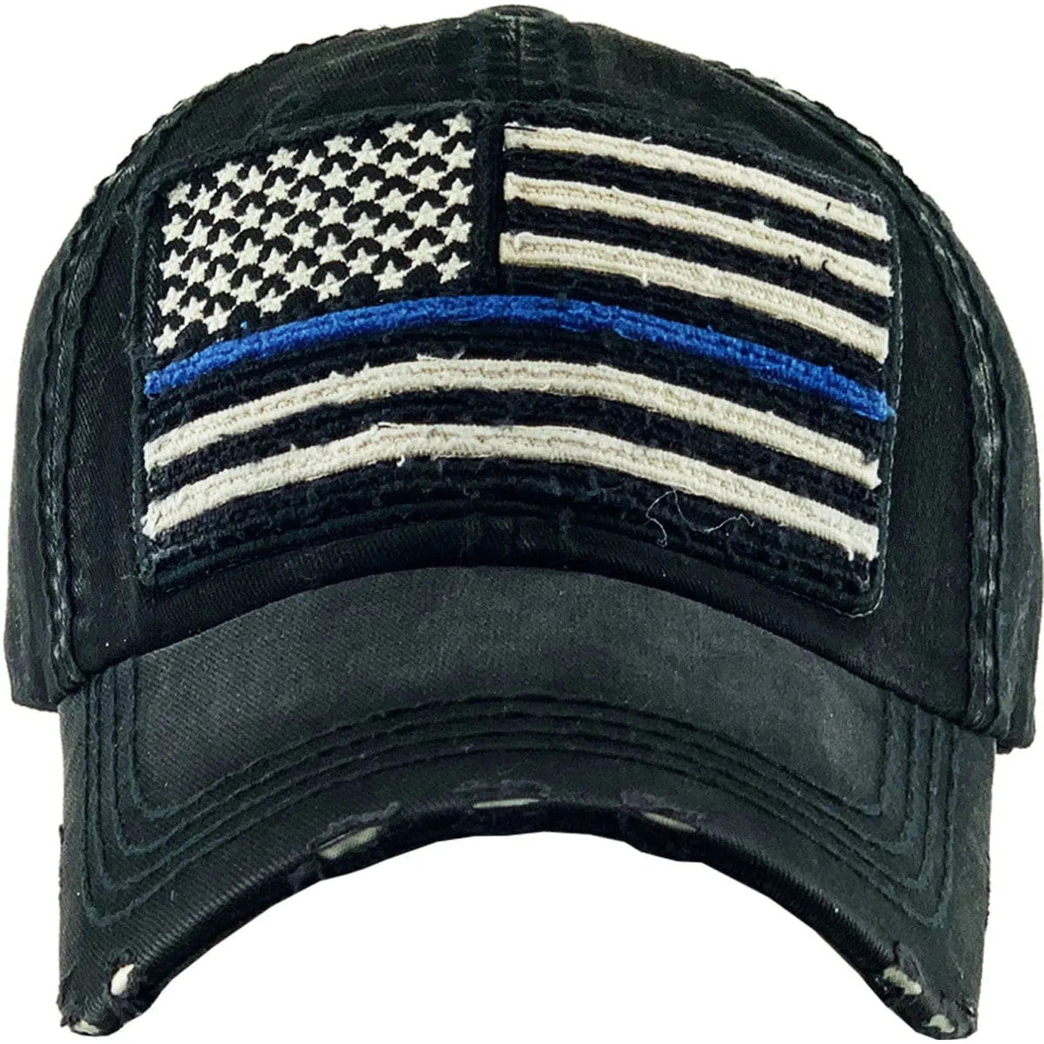 Patriotic Blue Line Law Enforcement Police Flag Distressed Adjustable Dad Hat