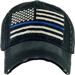 Patriotic Blue Line Law Enforcement Police Flag Distressed Adjustable Dad Hat