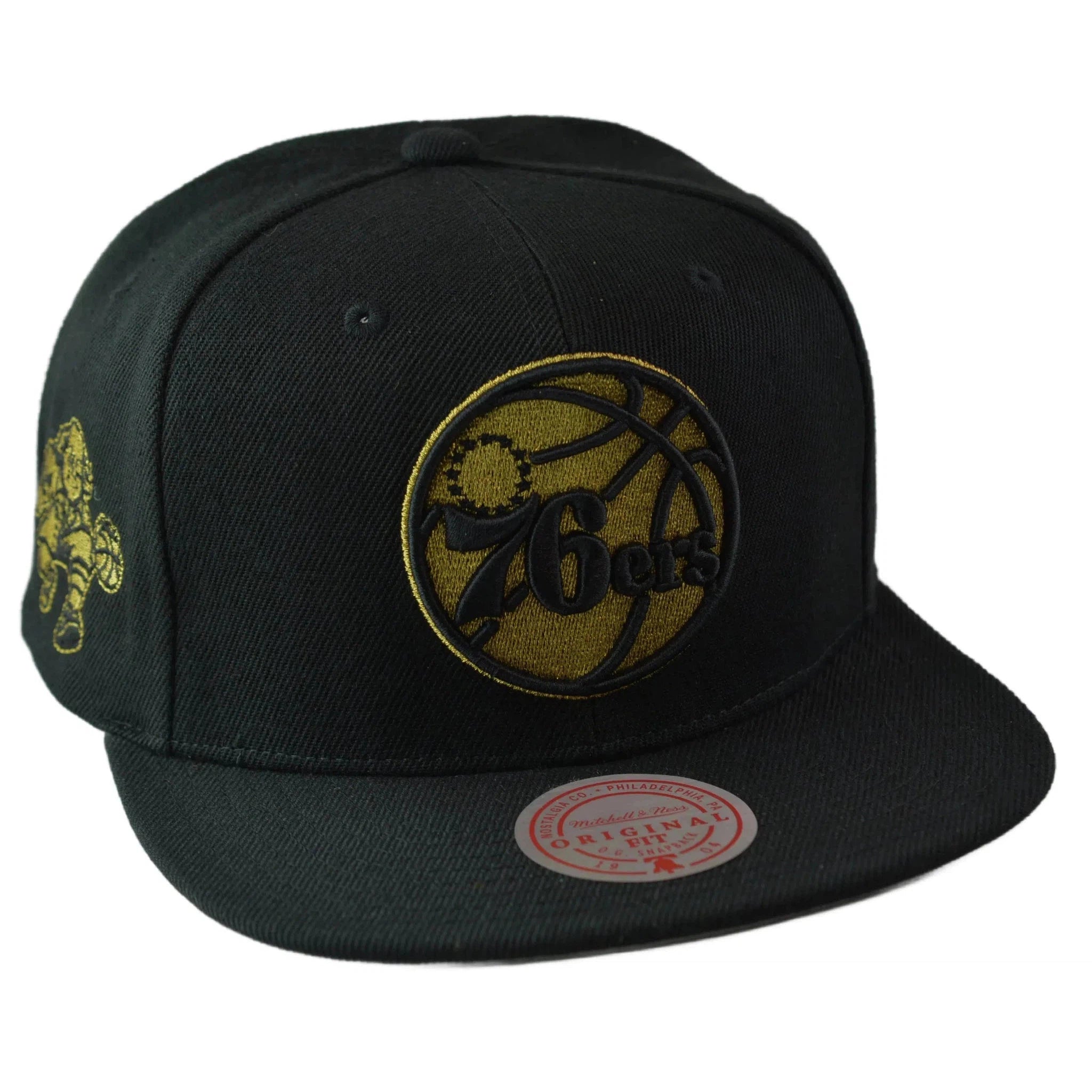 Philadelphia 76ers Metallic Gold NBA Team Logo Men's Black Snapback Hat by Mitchell & Ness