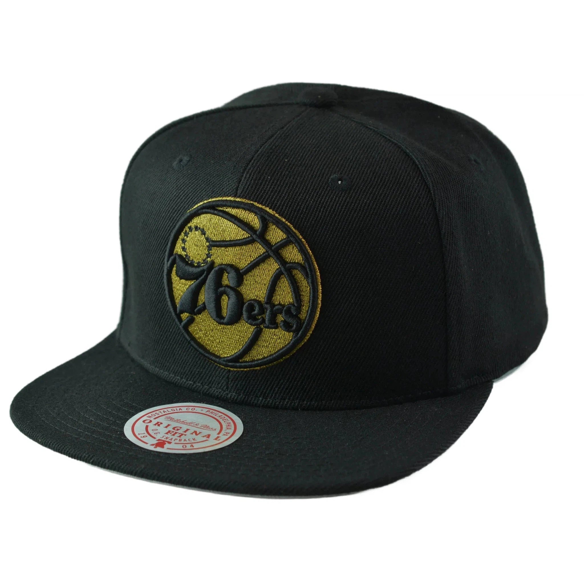 Philadelphia 76ers Metallic Gold NBA Team Logo Men's Black Snapback Hat by Mitchell & Ness