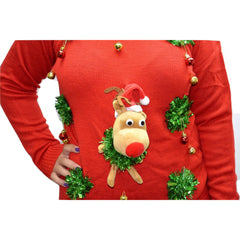 Poof Holiday 3D Reindeer Head Ugly Christmas Sweater with Garland & Jingle bells