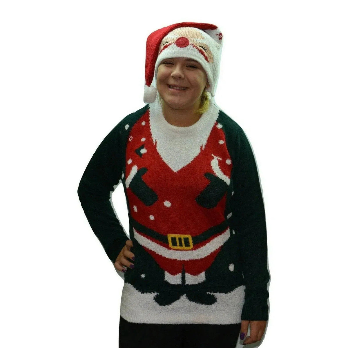 Poof New York Christmas Santa Ugly Holiday Sweater with attached Santa Hat