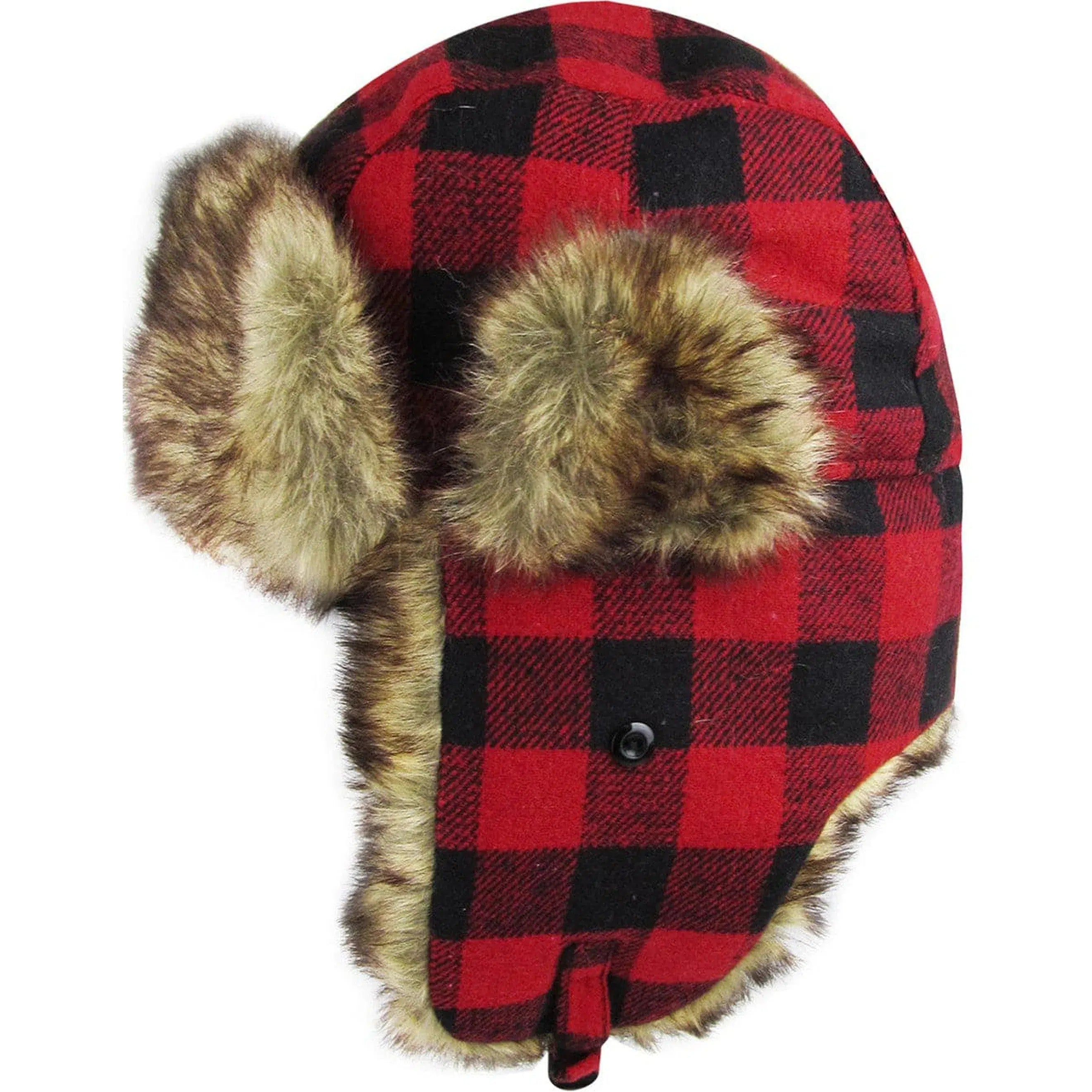 "Red Plaid Fur Lined Trapper Winter Hat - Cozy Elegance for Cold Days"