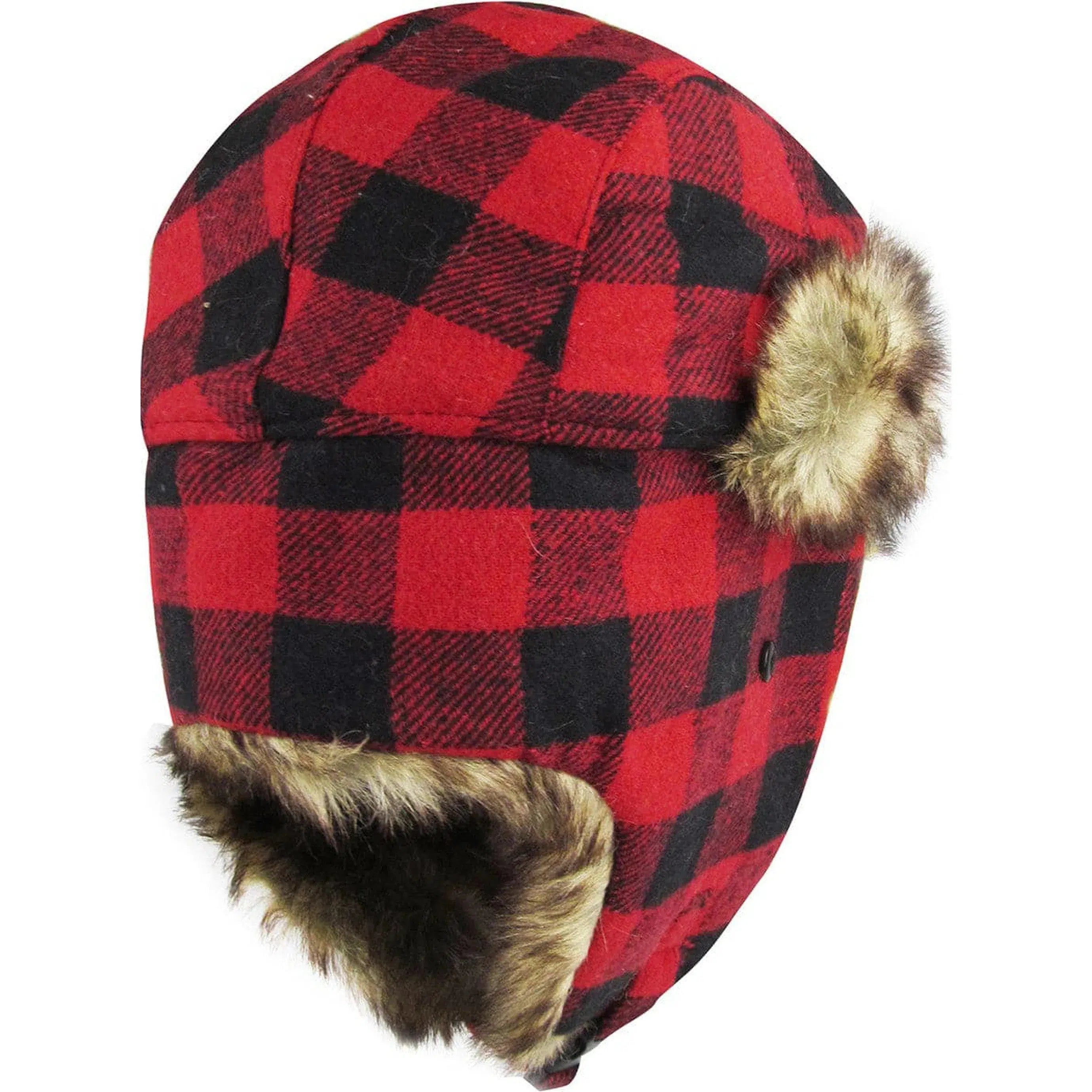 "Red Plaid Fur Lined Trapper Winter Hat - Cozy Elegance for Cold Days"