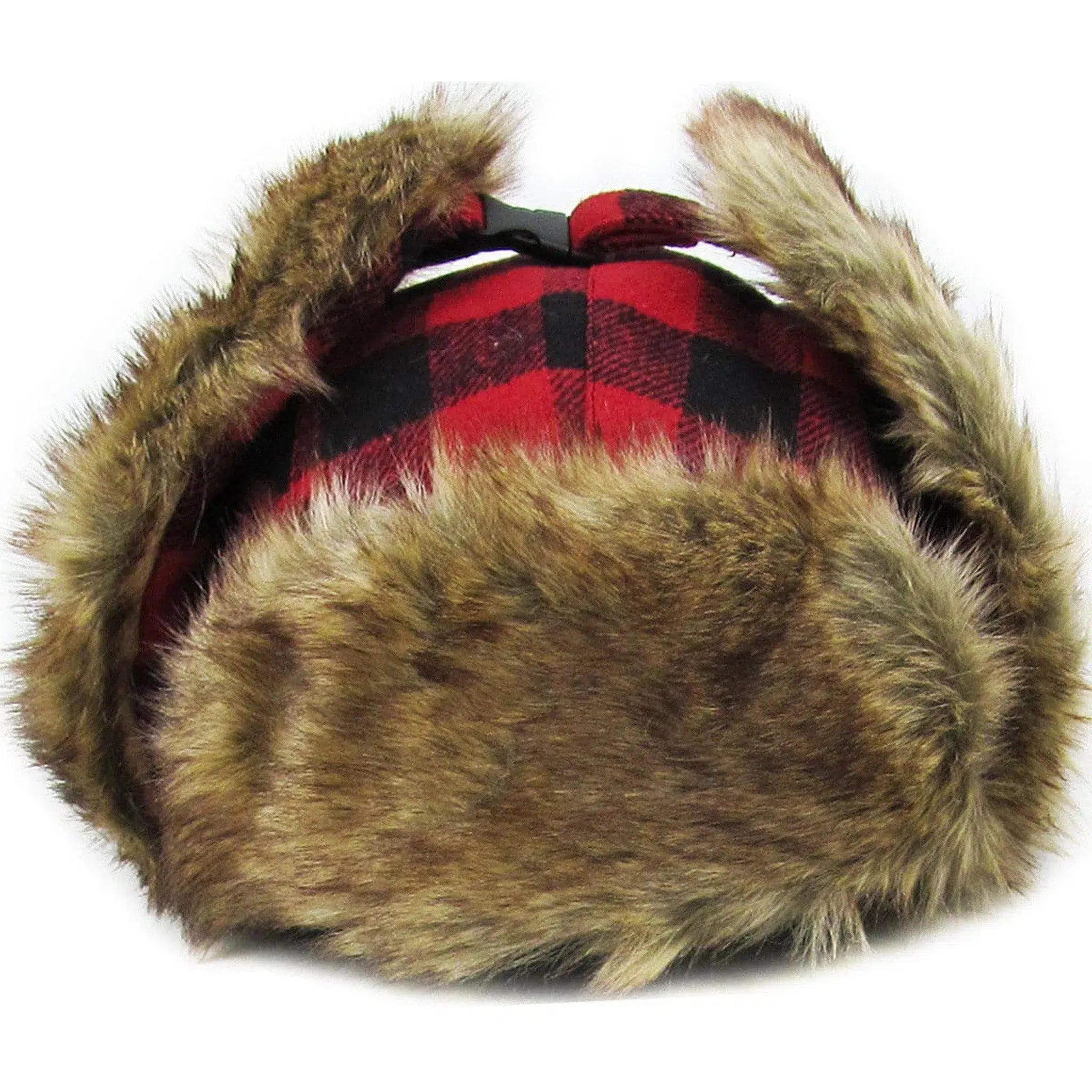 "Red Plaid Fur Lined Trapper Winter Hat - Cozy Elegance for Cold Days"