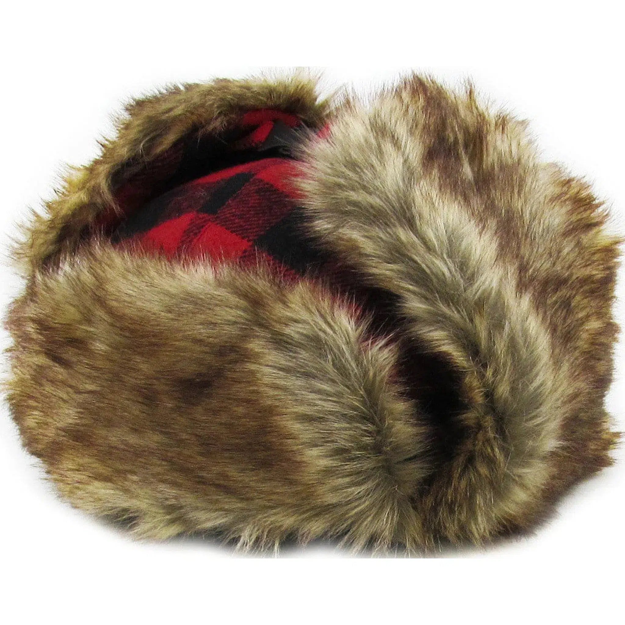 "Red Plaid Fur Lined Trapper Winter Hat - Cozy Elegance for Cold Days"