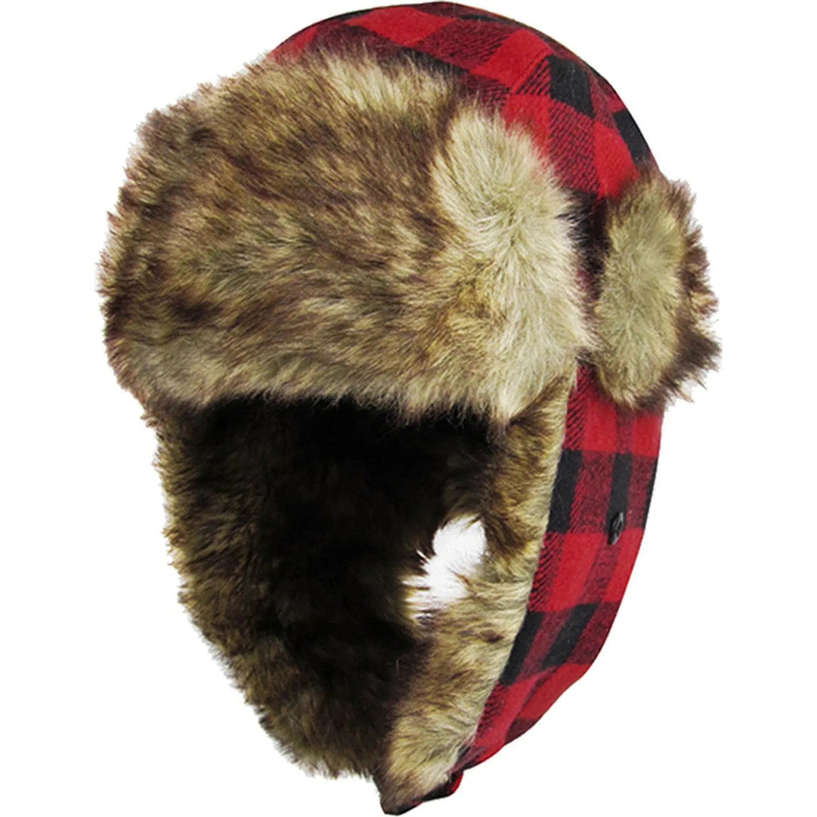 "Red Plaid Fur Lined Trapper Winter Hat - Cozy Elegance for Cold Days"