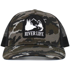 "River Life Camo & Black Mesh Back Trucker Hat by KB Ethos - Perfect for River Enthusiasts!"