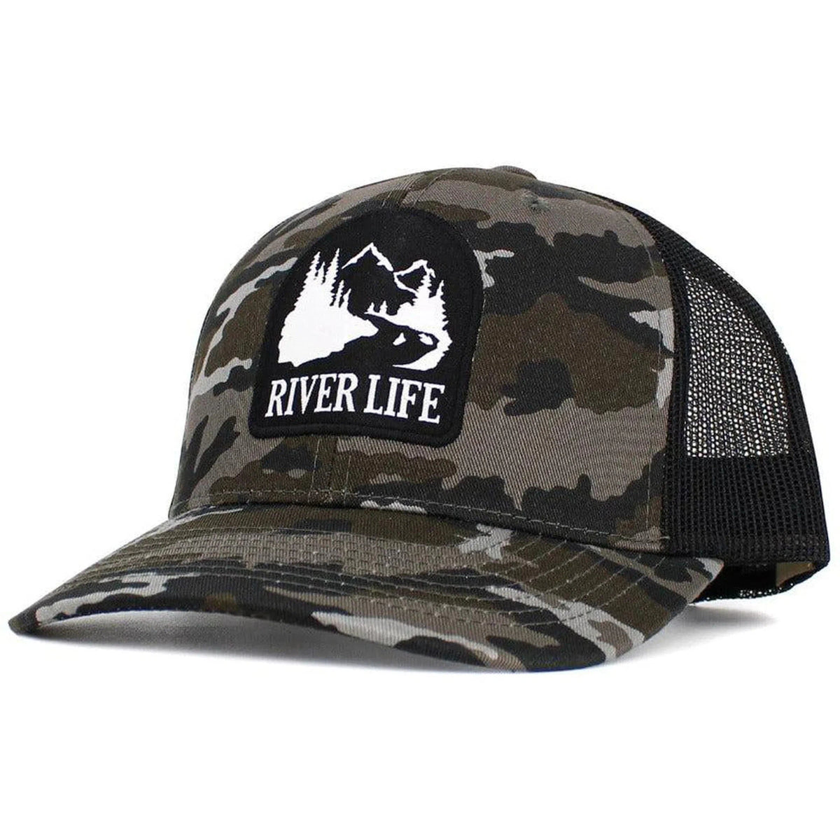 "River Life Camo & Black Mesh Back Trucker Hat by KB Ethos - Perfect for River Enthusiasts!"