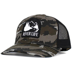 "River Life Camo & Black Mesh Back Trucker Hat by KB Ethos - Perfect for River Enthusiasts!"