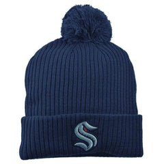 Seattle Kraken Deep Sea Blue Primary NHL Logo Ribbed Cuffed Pom Knit Hat