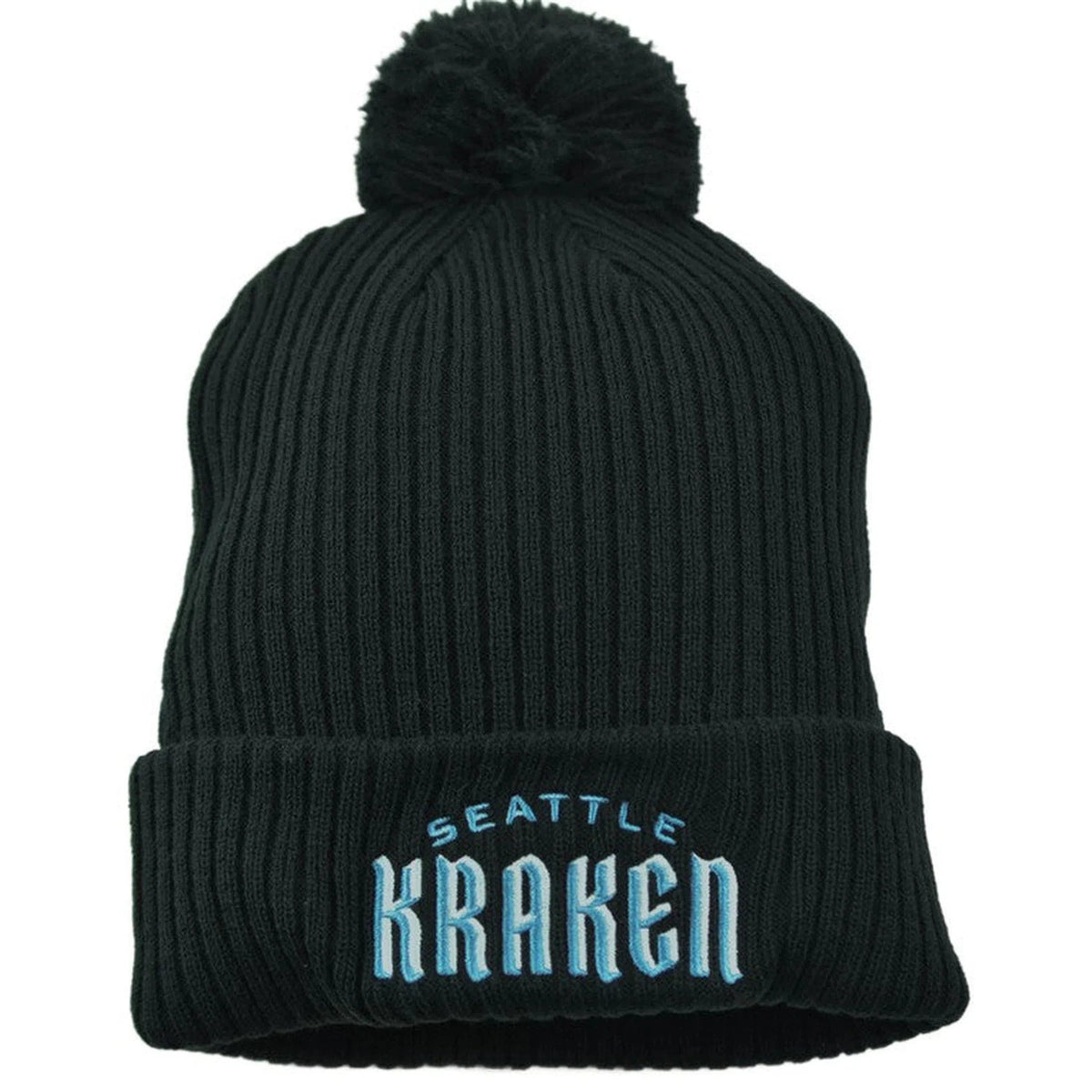 Seattle Kraken Men's NHL Wordmark Logo Black Cuffed Knit Pom Hat by Fanatics