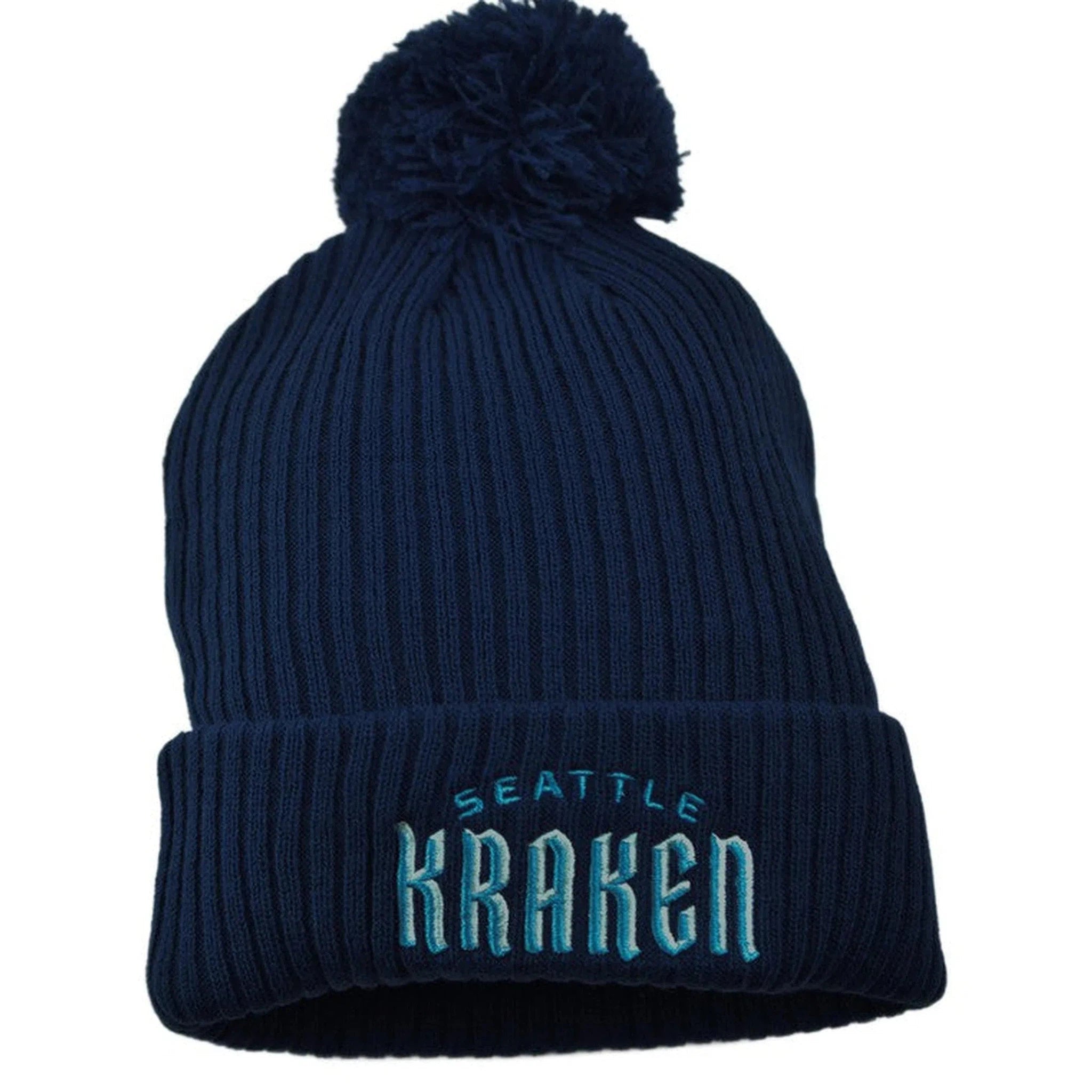 Seattle Kraken Men's NHL Wordmark Logo Blue Cuffed Knit Pom Hat by Fanatics