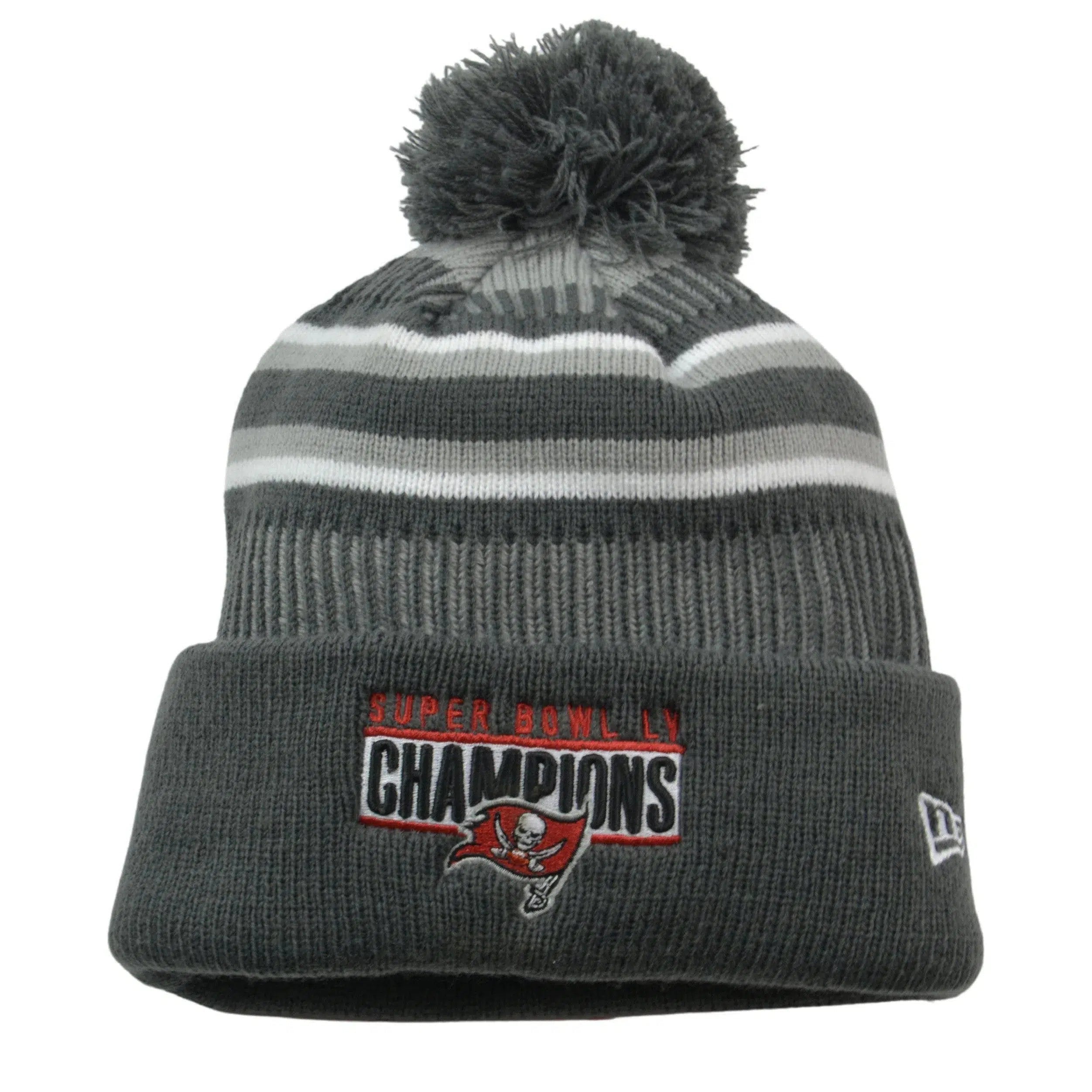 Tampa Bay Buccaneers NFL Logo Super Bowl LV Champs Knit Gray Pom Pom Beanie Winter Hat