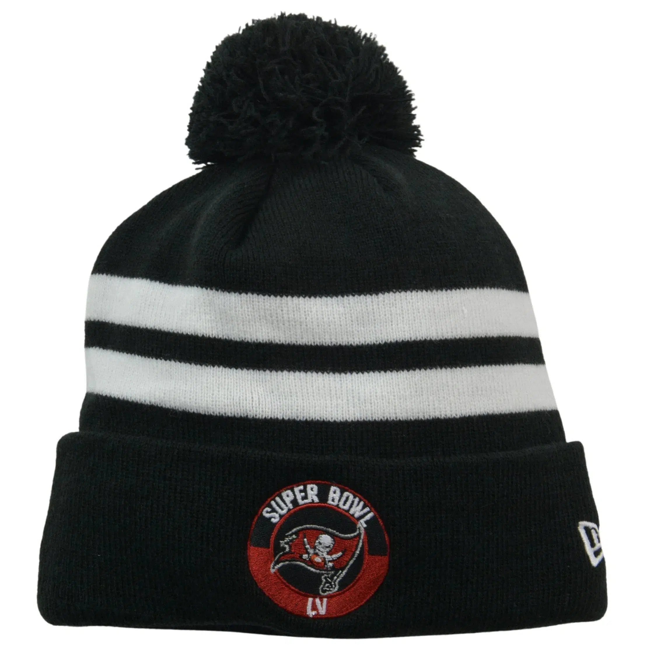 Tampa Bay Buccaneers NFL Logo Super Bowl LV Champs Knit Striped Pom Pom Beanie Winter Hat