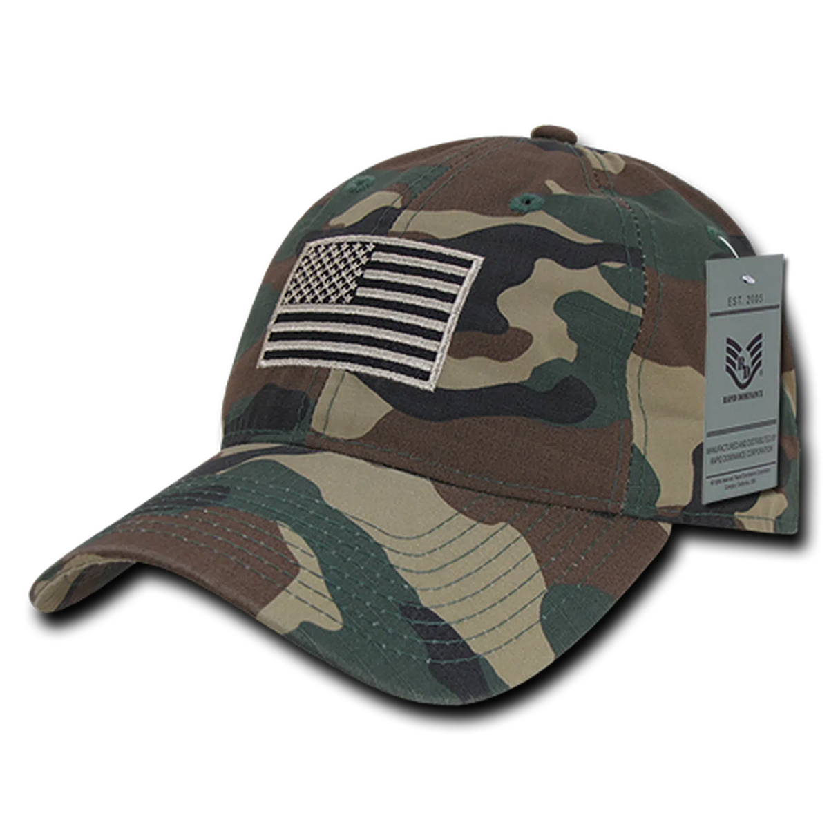 United States Tonal USA Flag Relaxed Fit Woodland Camo Tactical Hat, Military Cap by Rapid Dominance