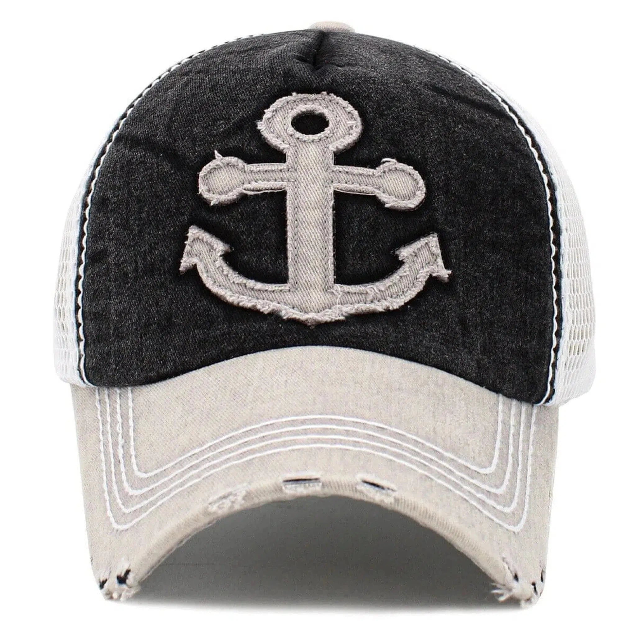 Vintage Nautical Anchor Mesh back Black, White & Gray Adjustable Hat by KB Ethos