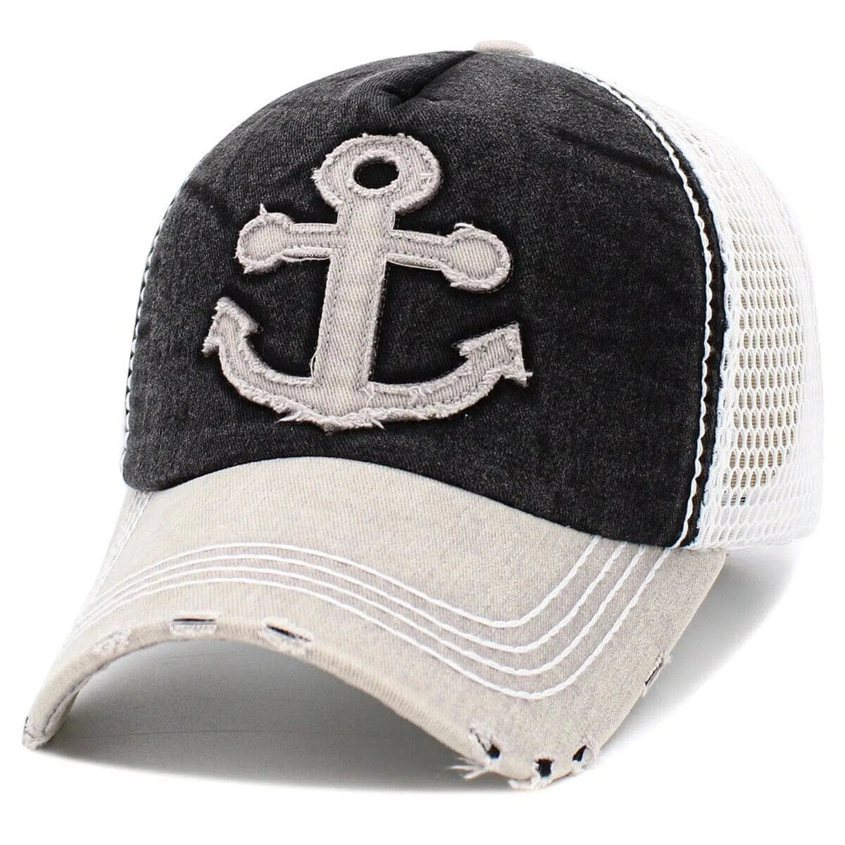 Vintage Nautical Anchor Mesh back Black, White & Gray Adjustable Hat by KB Ethos